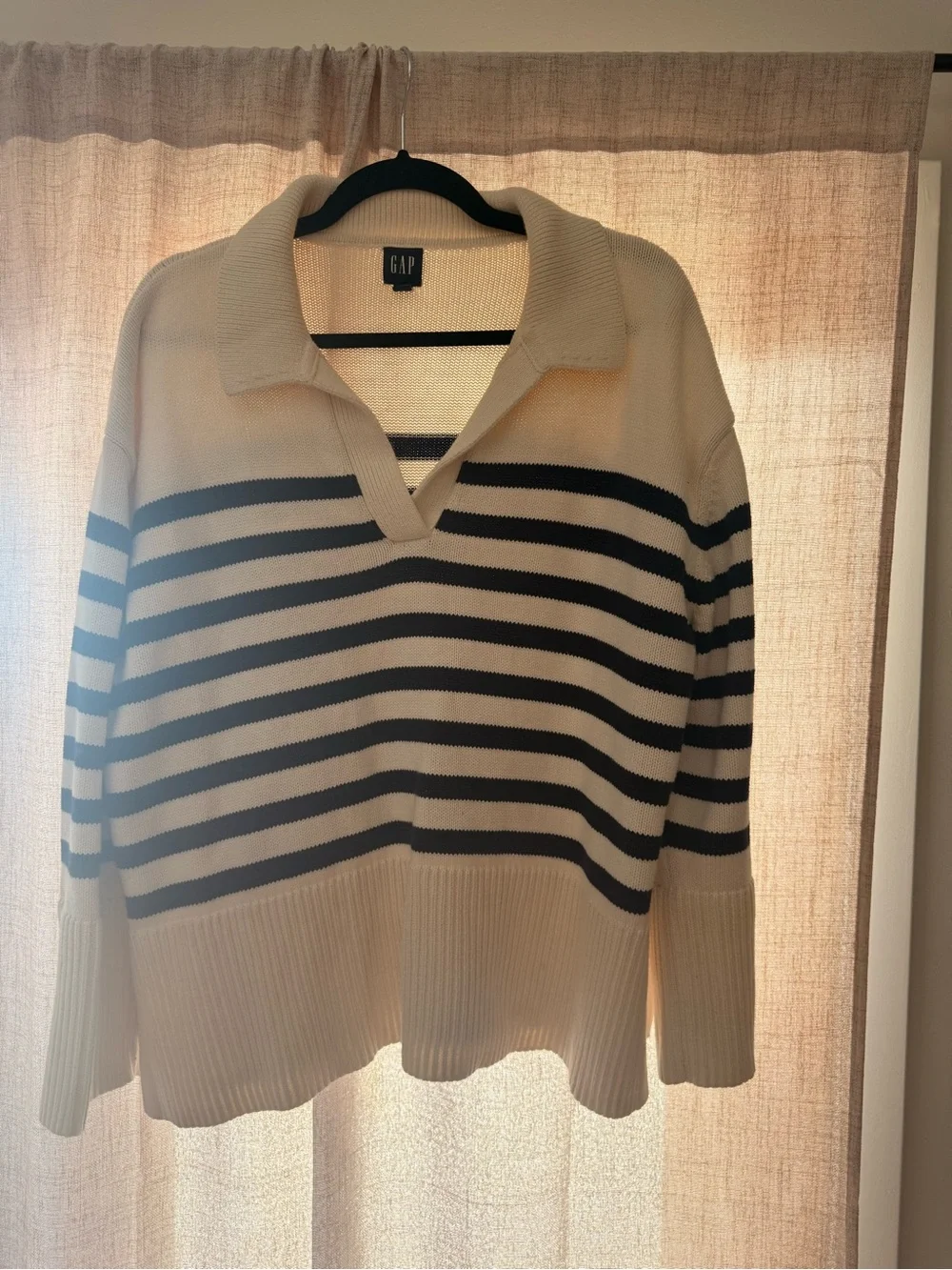 GAP Cream and Black Striped V‑Neck Collared Sweater